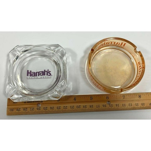 Harrahs Ashtray Hotel and Casino Souvenir Set Reno Lake Tahoe Orange Clear Glass - Picture 4 of 10
